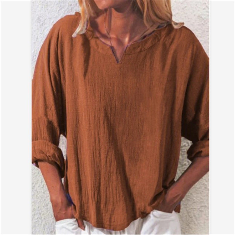 Elegant Cotton And Linen Women's V-neck Blouse, Loose, Long-sleeved