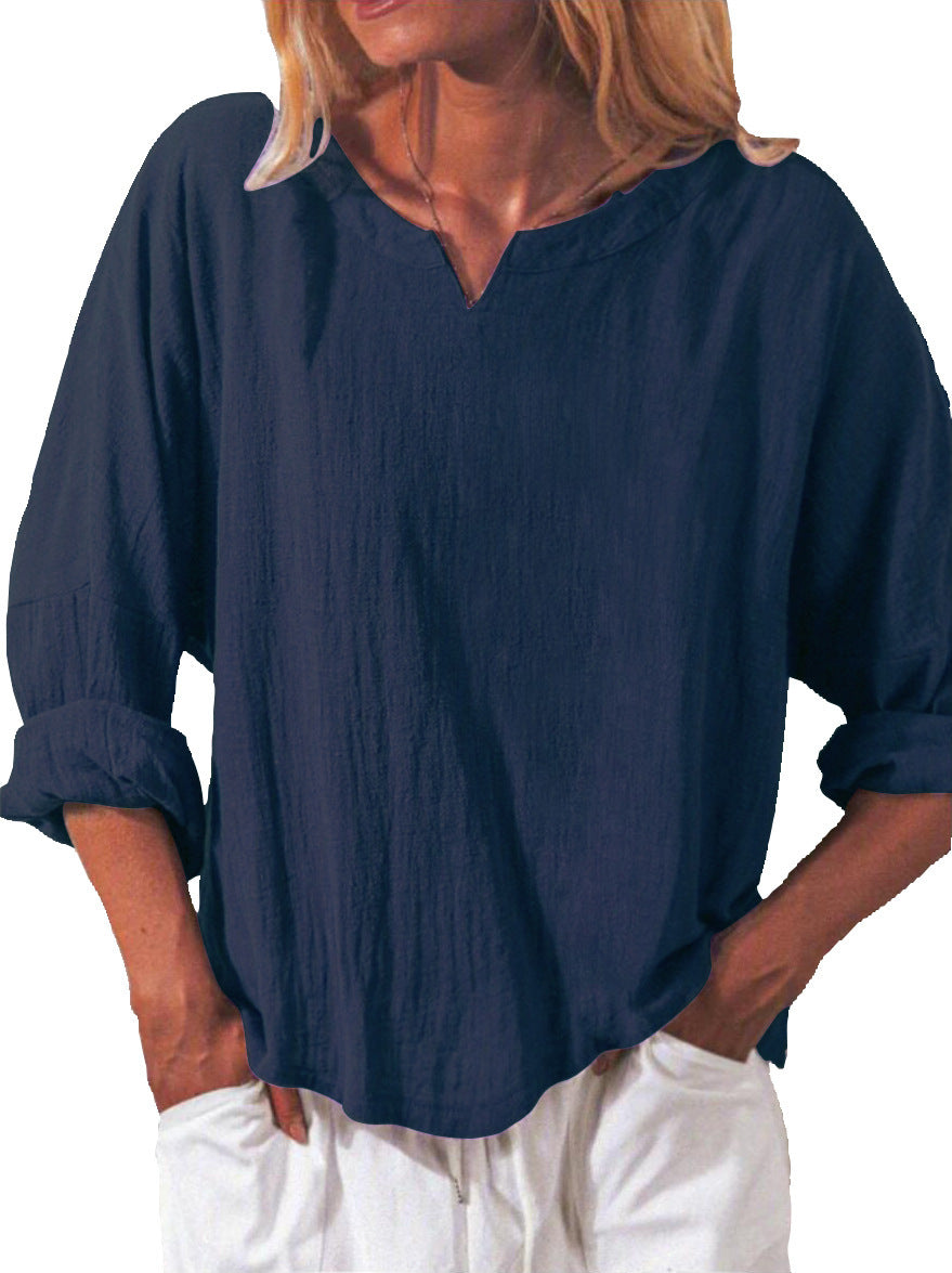 Elegant Cotton And Linen Women's V-neck Blouse, Loose, Long-sleeved