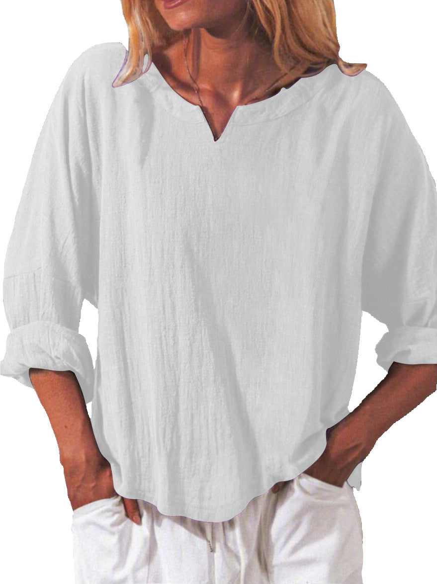 Elegant Cotton And Linen Women's V-neck Blouse, Loose, Long-sleeved