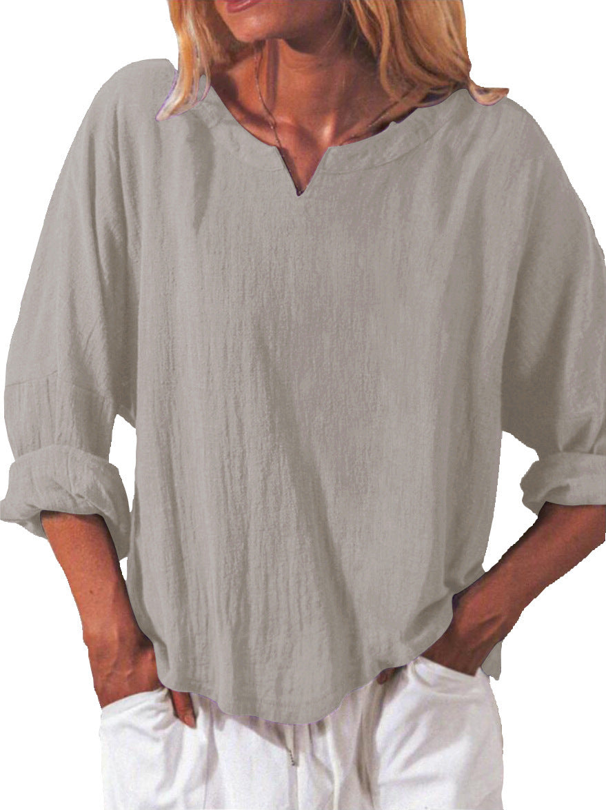 Elegant Cotton And Linen Women's V-neck Blouse, Loose, Long-sleeved