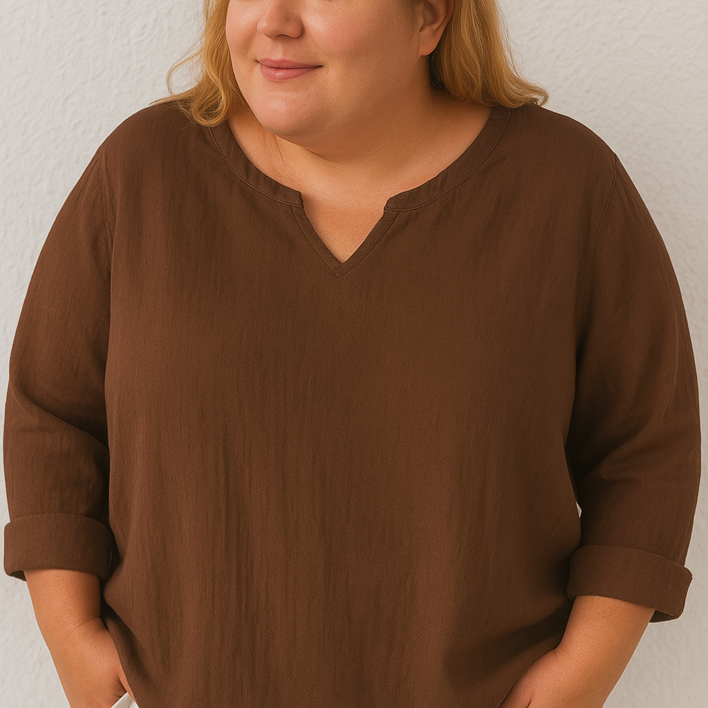Elegant Cotton And Linen Women's V-neck Blouse, Loose, Long-sleeved