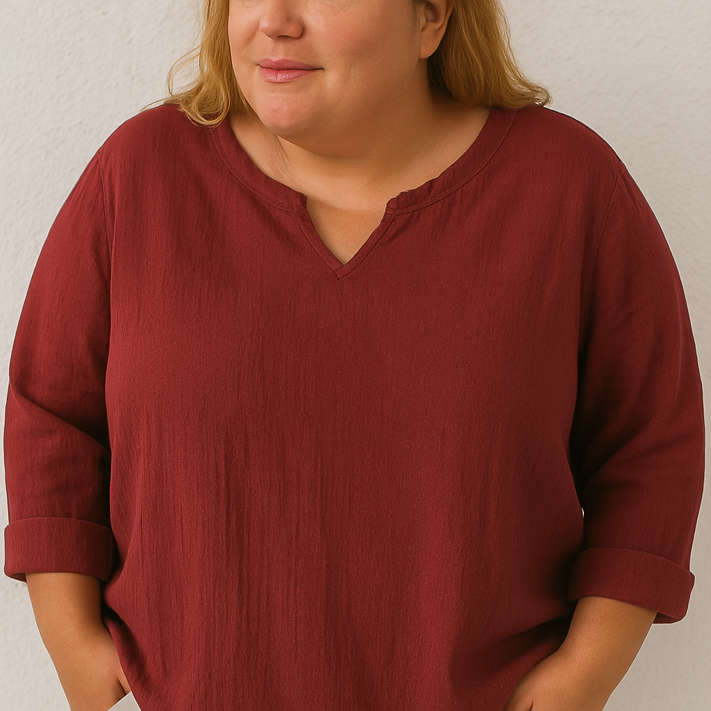 Elegant Cotton And Linen Women's V-neck Blouse, Loose, Long-sleeved