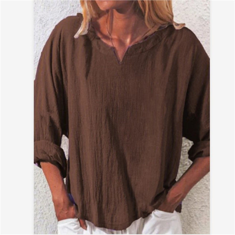 Elegant Cotton And Linen Women's V-neck Blouse, Loose, Long-sleeved