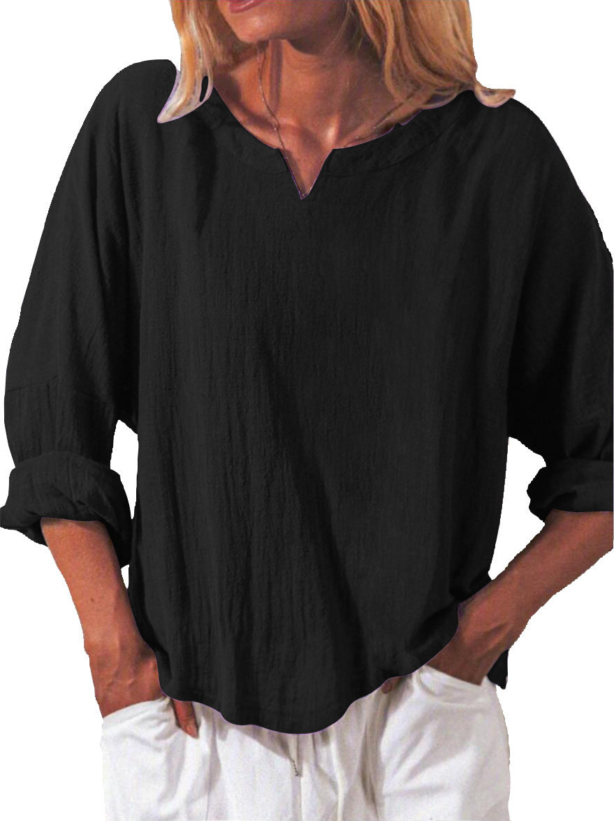 Elegant Cotton And Linen Women's V-neck Blouse, Loose, Long-sleeved
