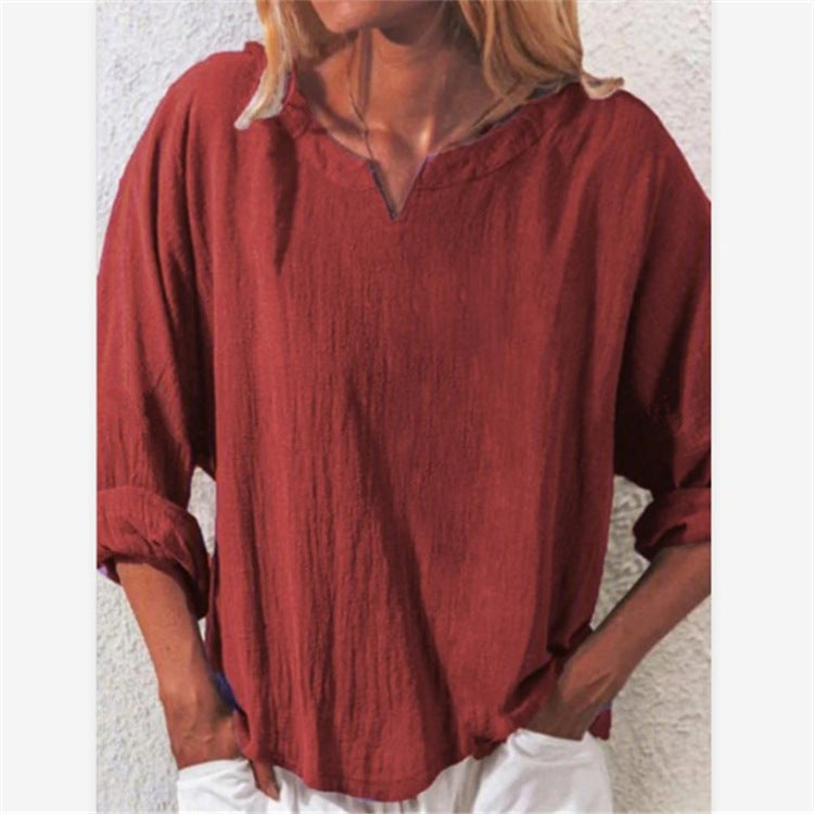 Elegant Cotton And Linen Women's V-neck Blouse, Loose, Long-sleeved