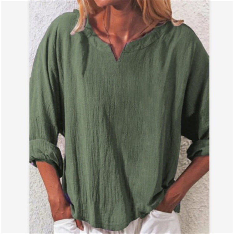 Elegant Cotton And Linen Women's V-neck Blouse, Loose, Long-sleeved