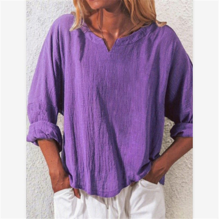 Elegant Cotton And Linen Women's V-neck Blouse, Loose, Long-sleeved