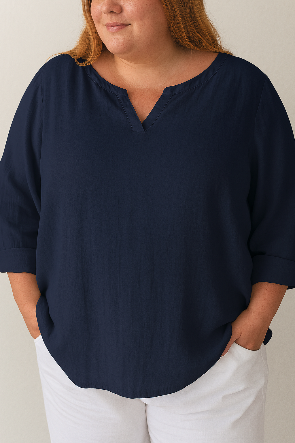 Elegant Cotton And Linen Women's V-neck Blouse, Loose, Long-sleeved
