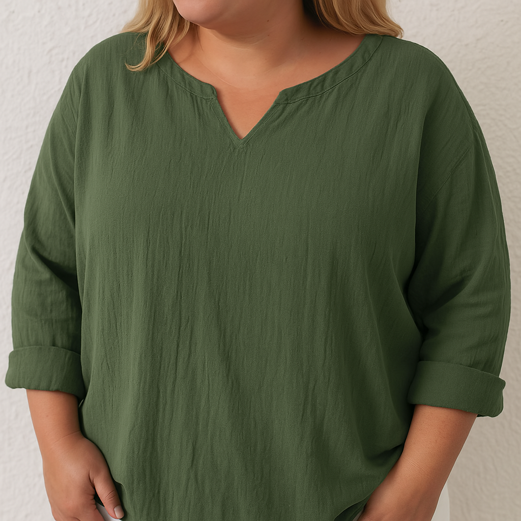 Elegant Cotton And Linen Women's V-neck Blouse, Loose, Long-sleeved