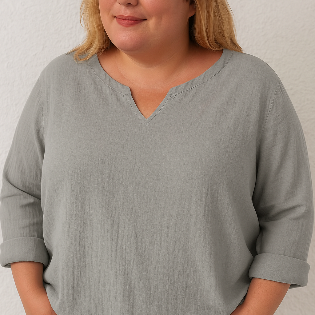 Elegant Cotton And Linen Women's V-neck Blouse, Loose, Long-sleeved