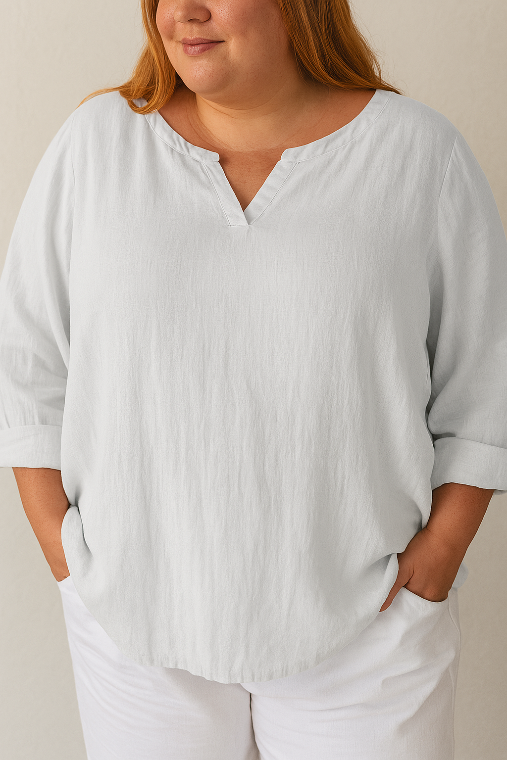 Elegant Cotton And Linen Women's V-neck Blouse, Loose, Long-sleeved